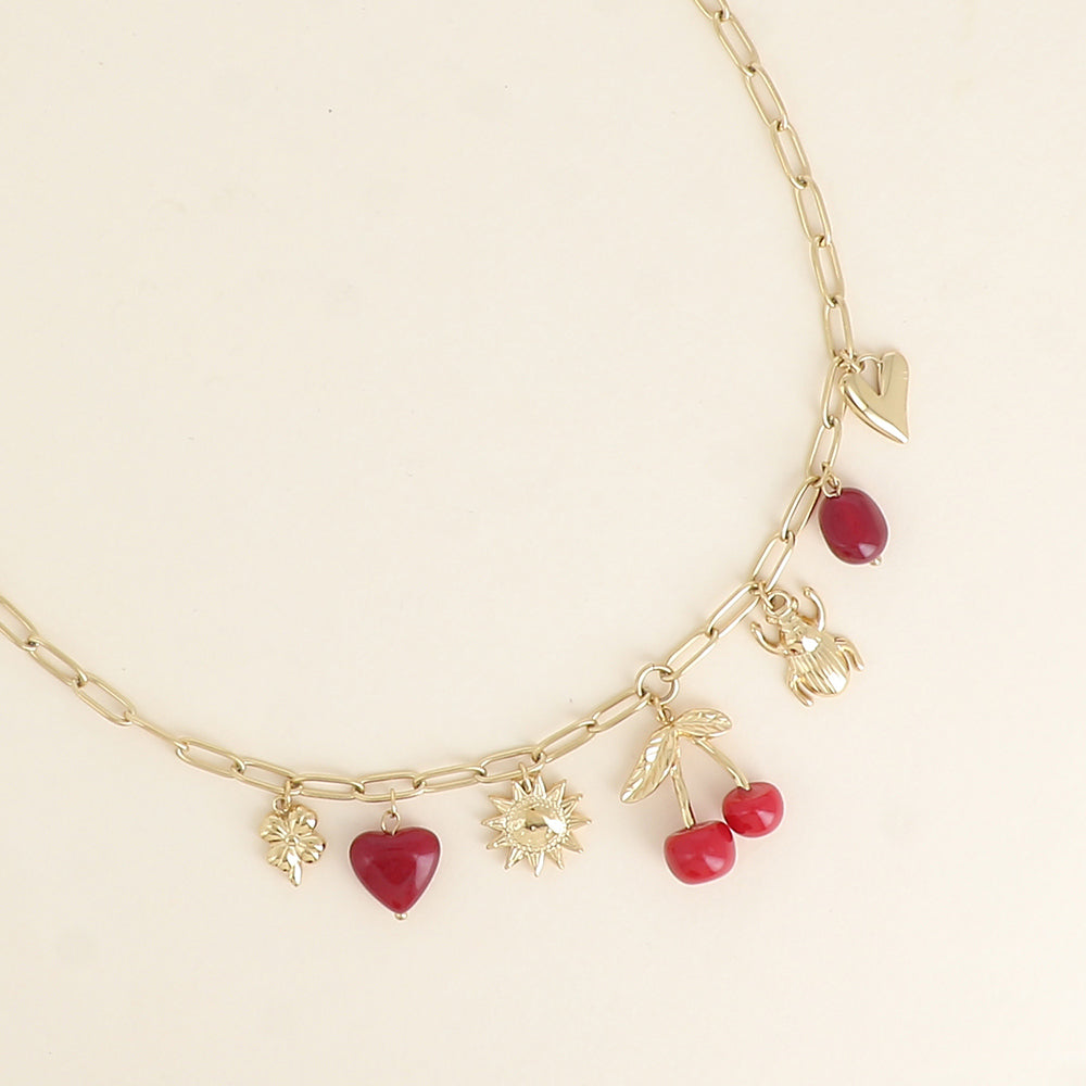Collier - trèfle, scarabée, soleil, cerise, perles, cœurs