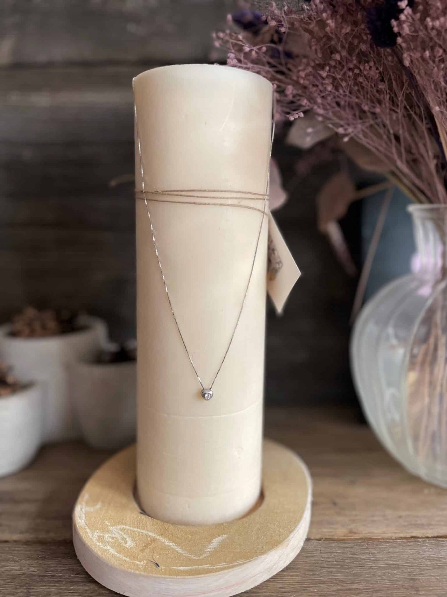 Bougie bijoux pivoine - collier plaqué argent "cœur cristal"