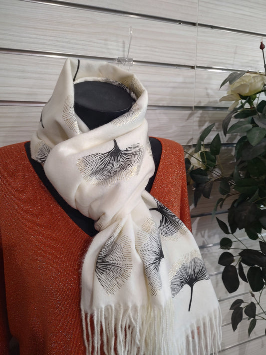Echarpe blanche fleurs de Ginko noir et argent