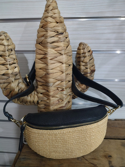 Sac banane cuir noir et beige