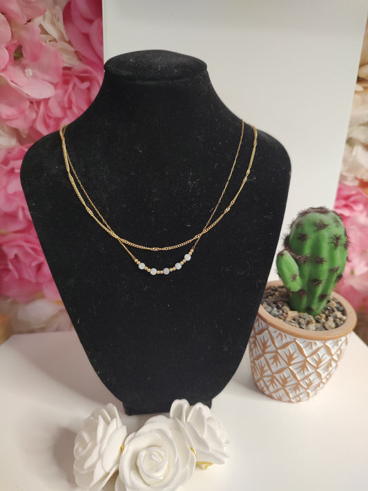 Collier double chaine et pierres turquoises